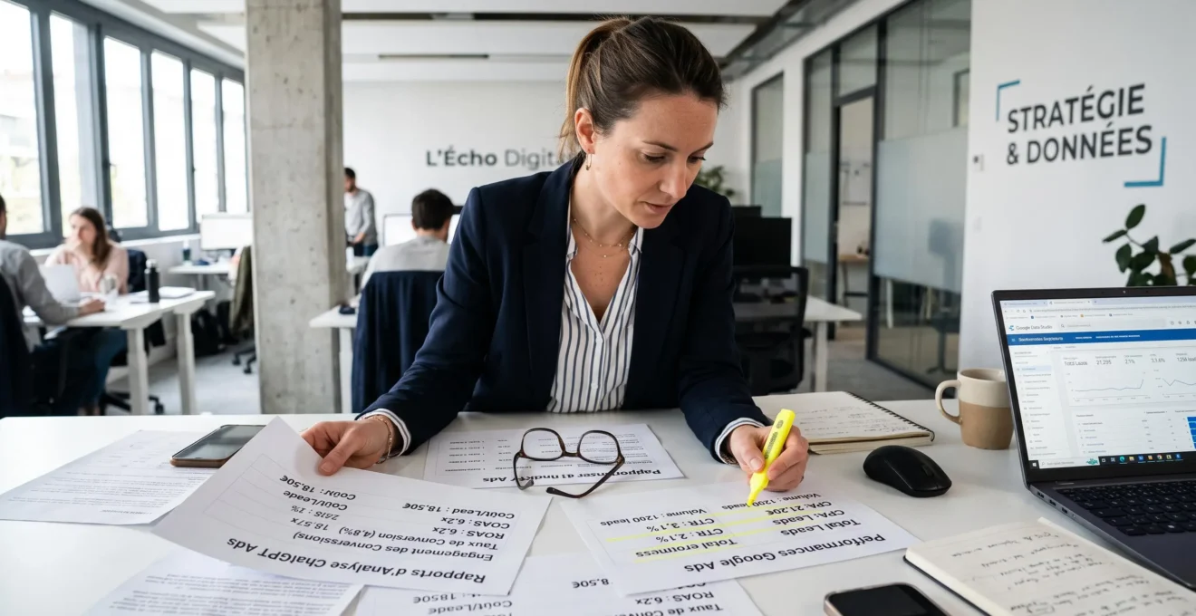 Responsable marketing digital analysant des rapports de campagnes publicitaires ChatGPT Ads et Google Ads dans une agence B2B