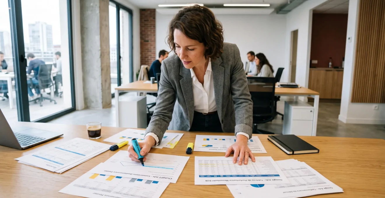 Responsable marketing digital analysant des rapports de campagnes publicitaires ChatGPT Ads et Google Ads dans une agence B2B