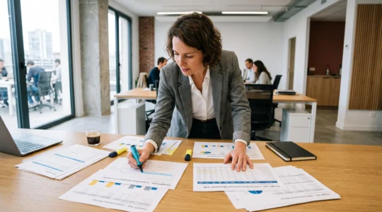 Responsable marketing digital analysant des rapports de campagnes publicitaires ChatGPT Ads et Google Ads dans une agence B2B