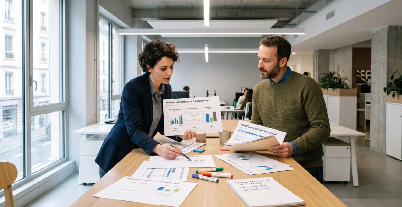 Deux professionnels marketing discutant l'allocation budgétaire entre plateformes publicitaires autour d'une table de travail avec rapports de performance