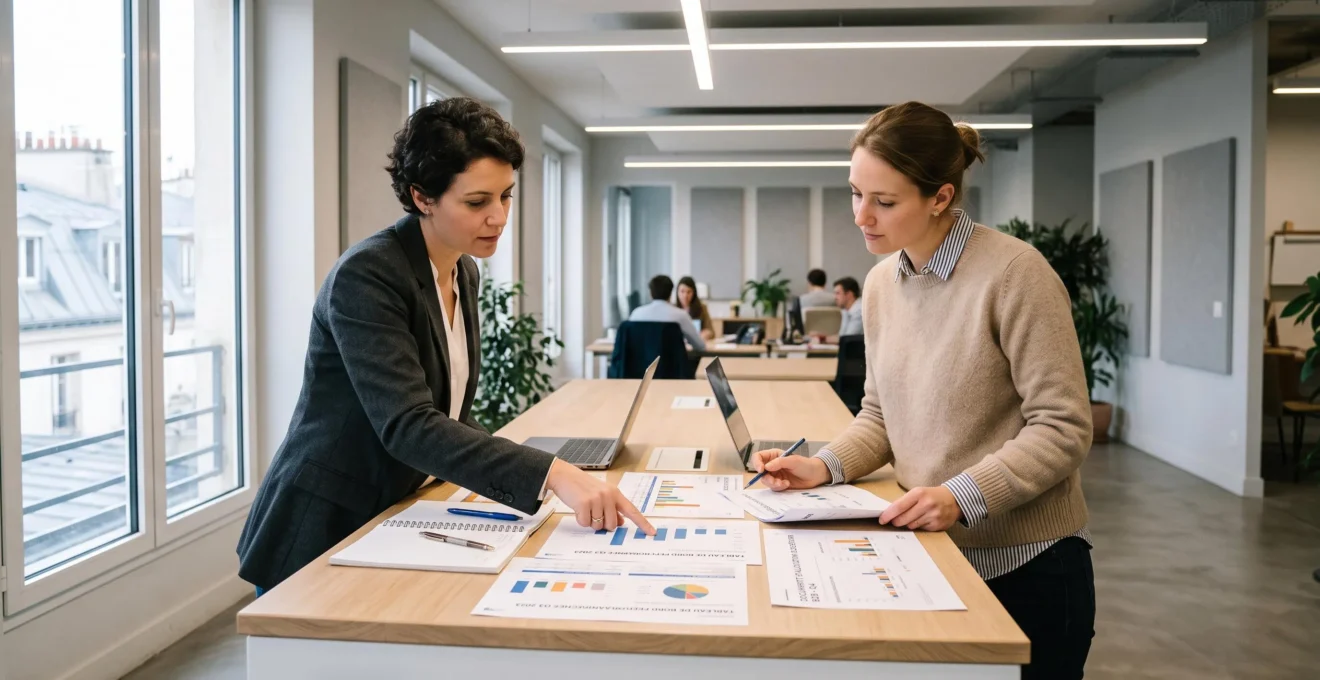 Deux professionnels marketing discutant l'allocation budgétaire entre plateformes publicitaires autour d'une table de travail avec rapports de performance