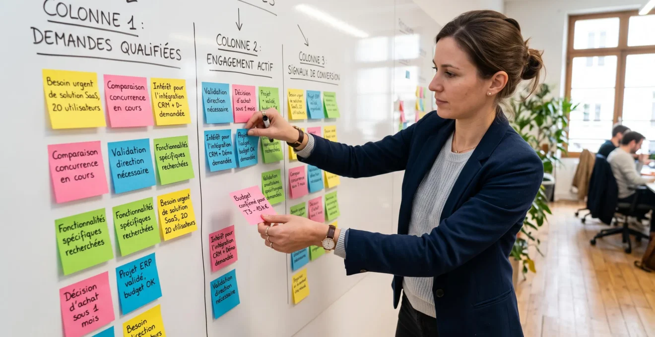 Professionnel marketing catégorisant des extraits de conversations B2B sur un tableau blanc avec des post-its de différentes couleurs