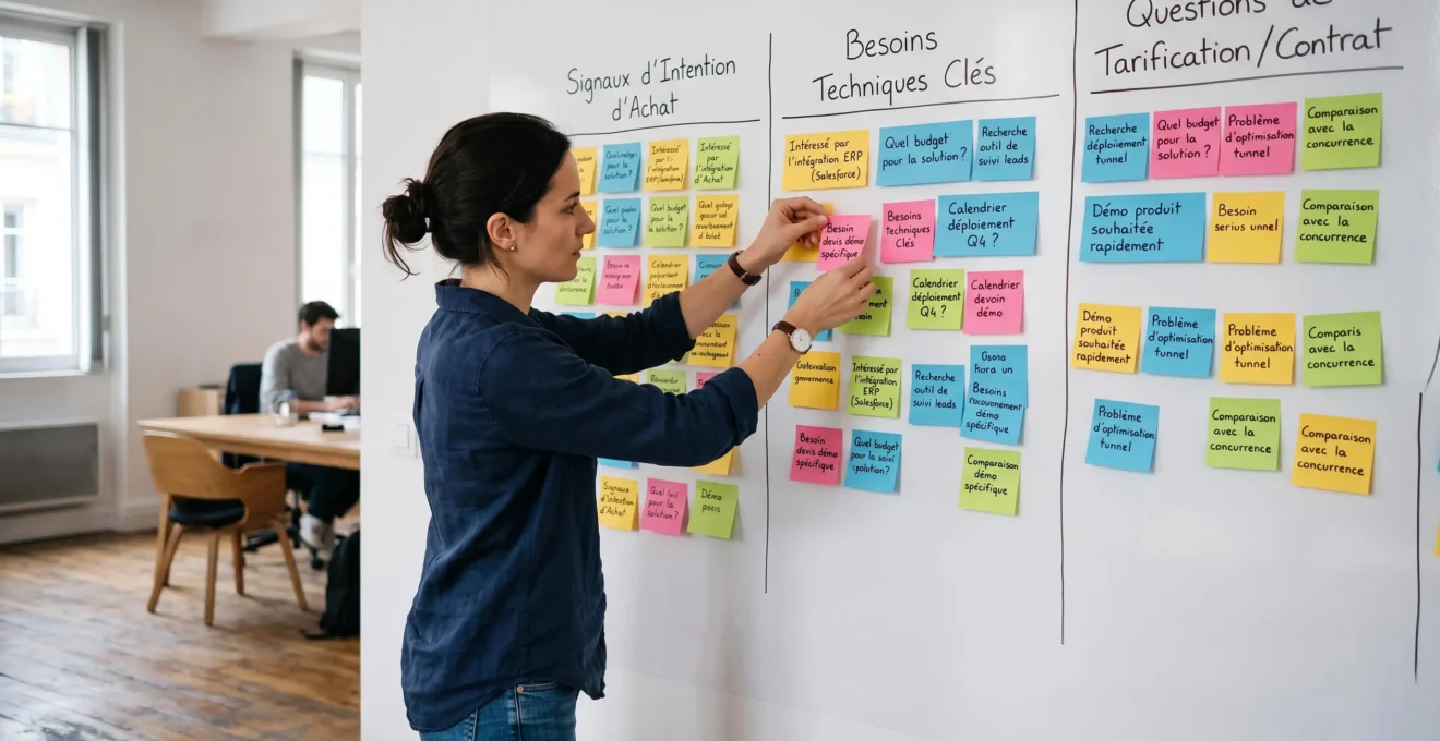 Professionnel marketing catégorisant des extraits de conversations B2B sur un tableau blanc avec des post-its de différentes couleurs