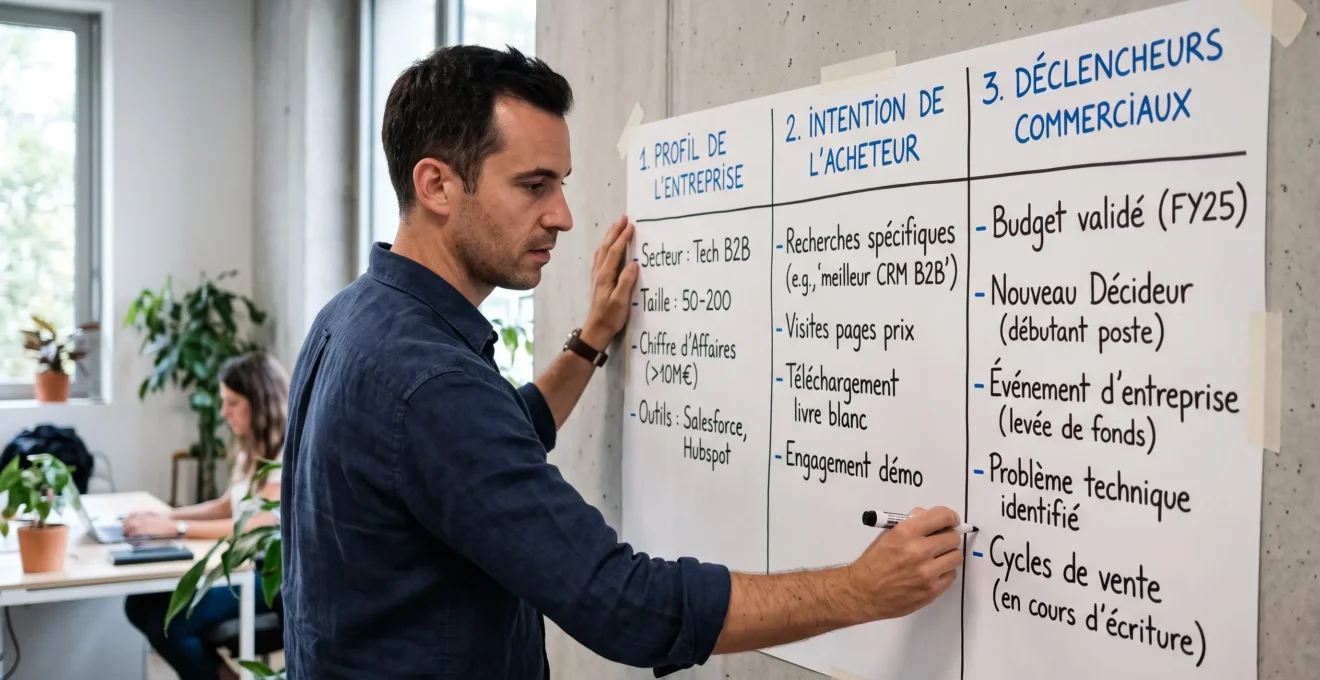 Spécialiste marketing digital construisant une structure de context hints pour ciblage conversationnel B2B sur une feuille murale avec marqueurs colorés