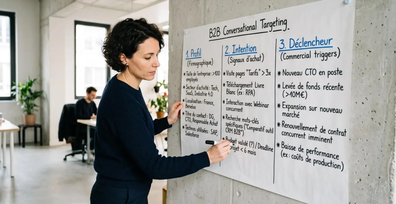 Spécialiste marketing digital construisant une structure de context hints pour ciblage conversationnel B2B sur une feuille murale avec marqueurs colorés